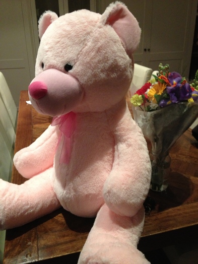 The big pink teddy provided by all the big boys pooling their tickets