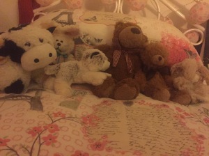 Pippa's teddies on her bed